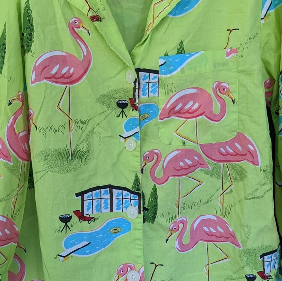 Nick & Nora Backyard Flamingo BBQ Pool 3/4 Sleeve Ruffle Button Up Shirt - Picture 3 of 5